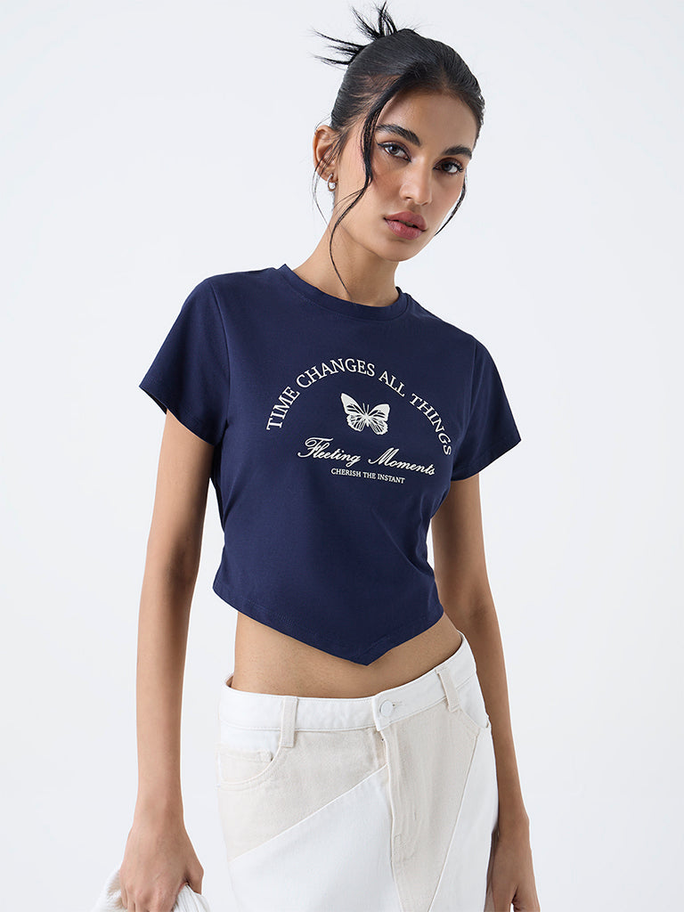 Nuon Navy Text-Design Cotton-Blend T-Shirt