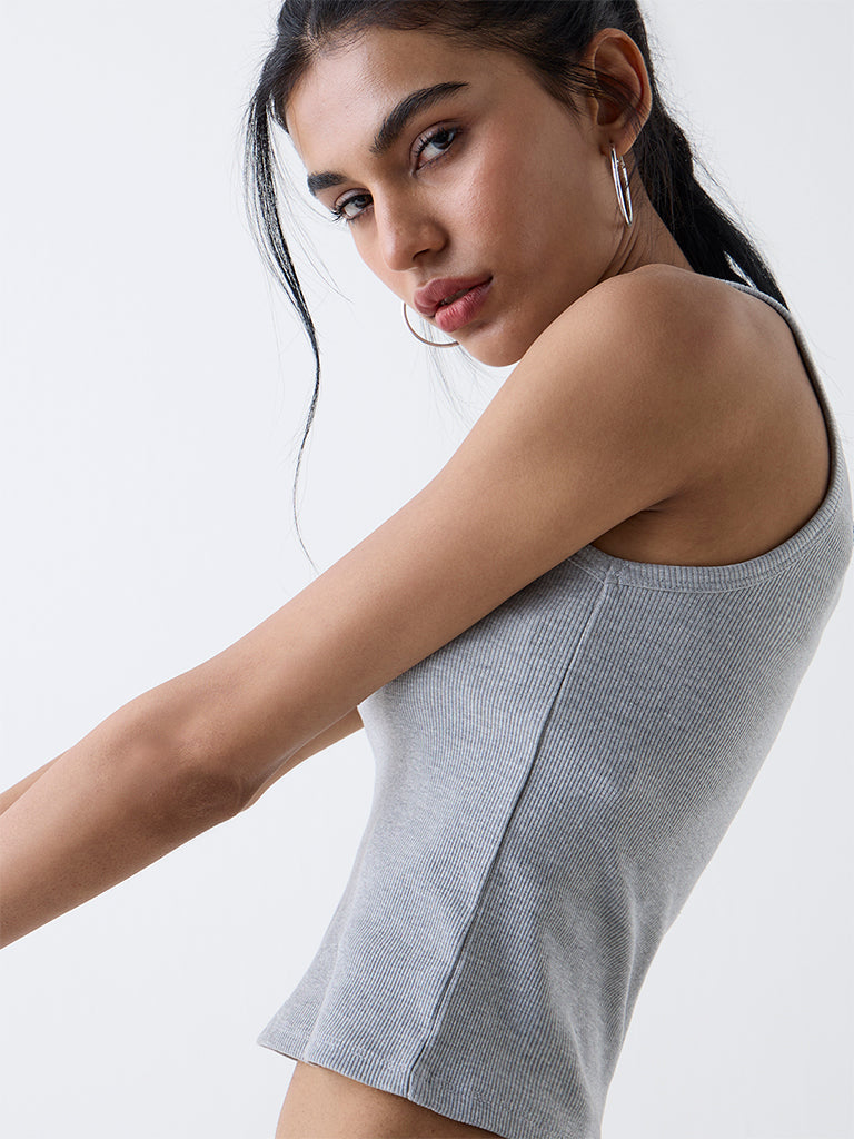 Nuon Grey Ribbed-Textured Cotton-Blend Tank Top