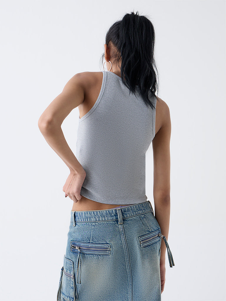 Nuon Grey Ribbed-Textured Cotton-Blend Tank Top