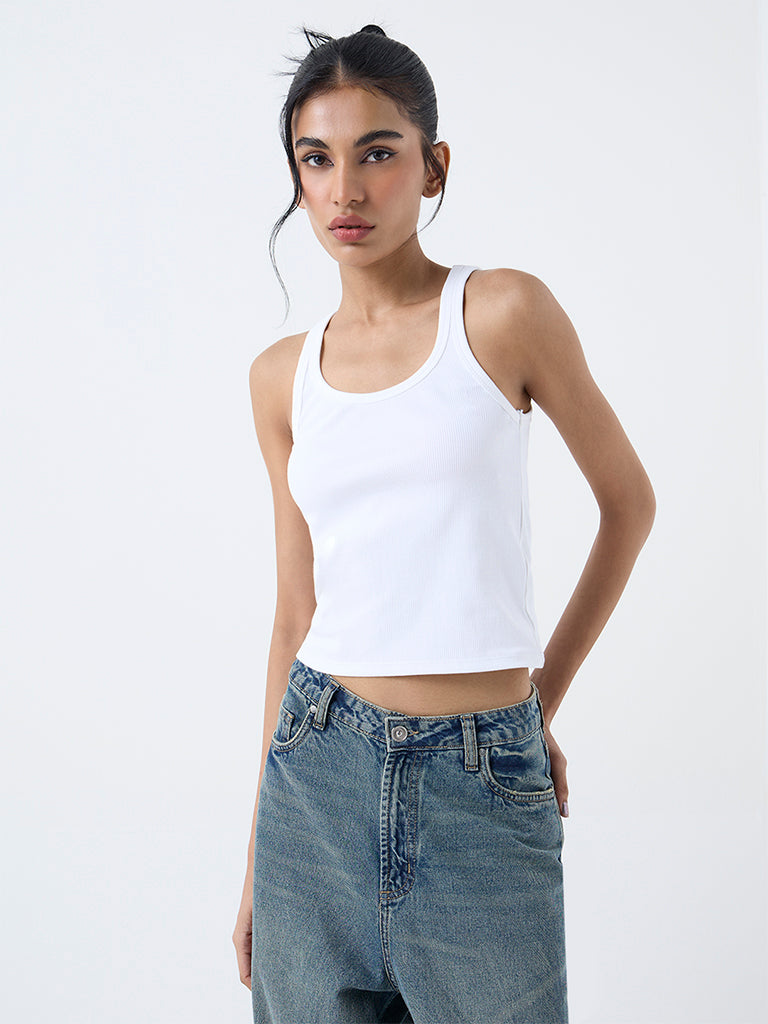 Nuon White Ribbed Tank Cotton-Blend Top