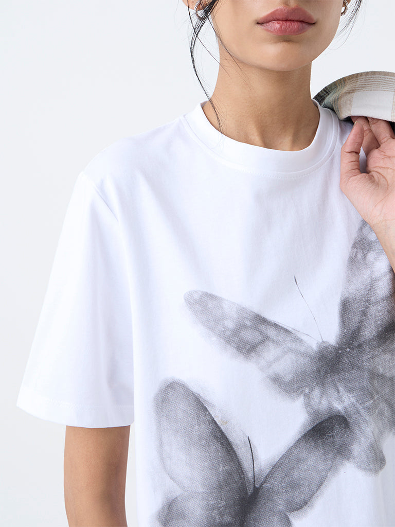 Nuon White Butterfly Printed Cotton T-Shirt