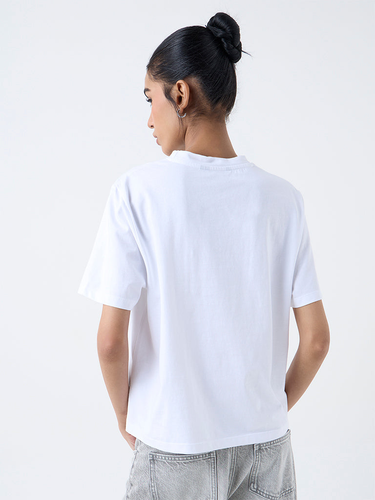 Nuon White Butterfly Printed Cotton T-Shirt