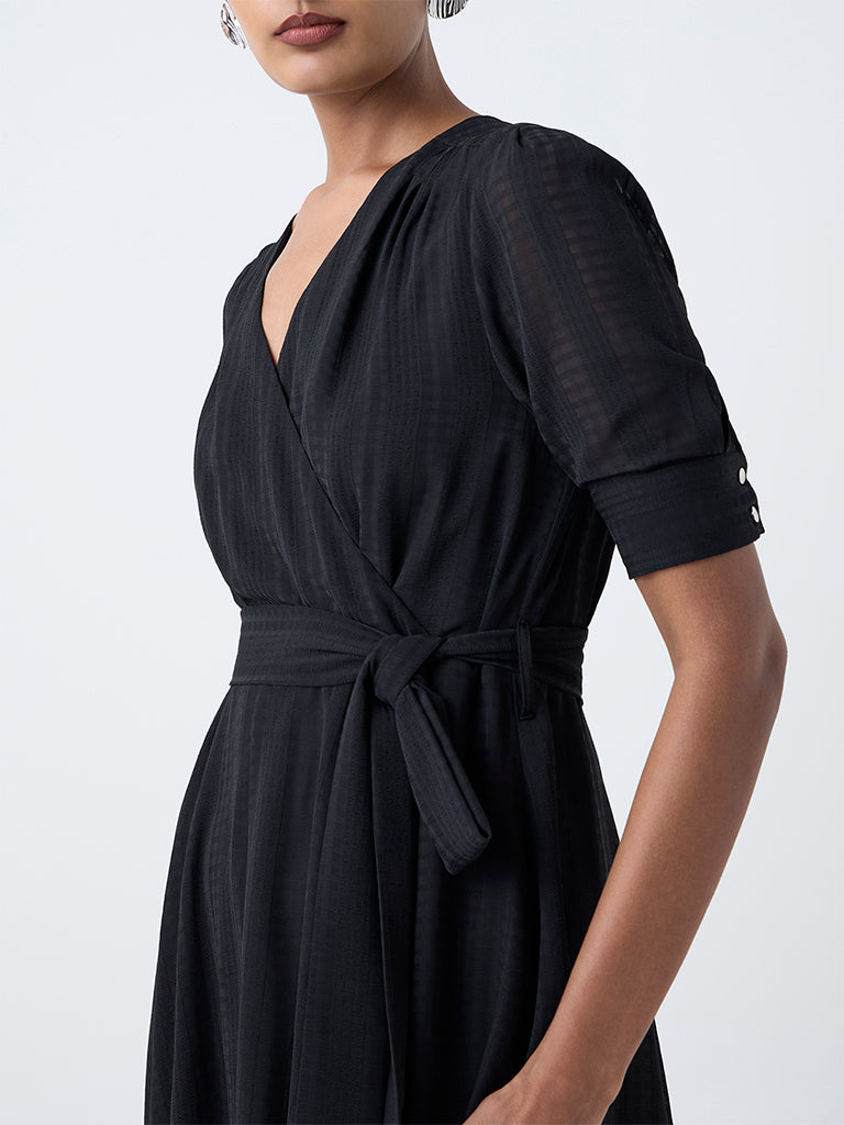 Wardrobe Black Solid Wrap-Style Dress with Belt