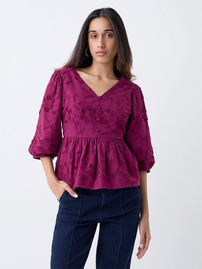 LOV Plum Floral Embroidered Cotton Peplum Top