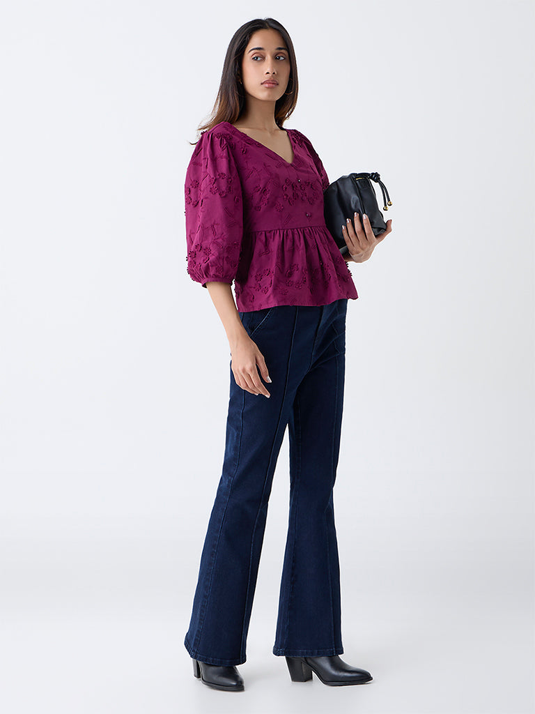 LOV Plum Floral Embroidered Cotton Peplum Top