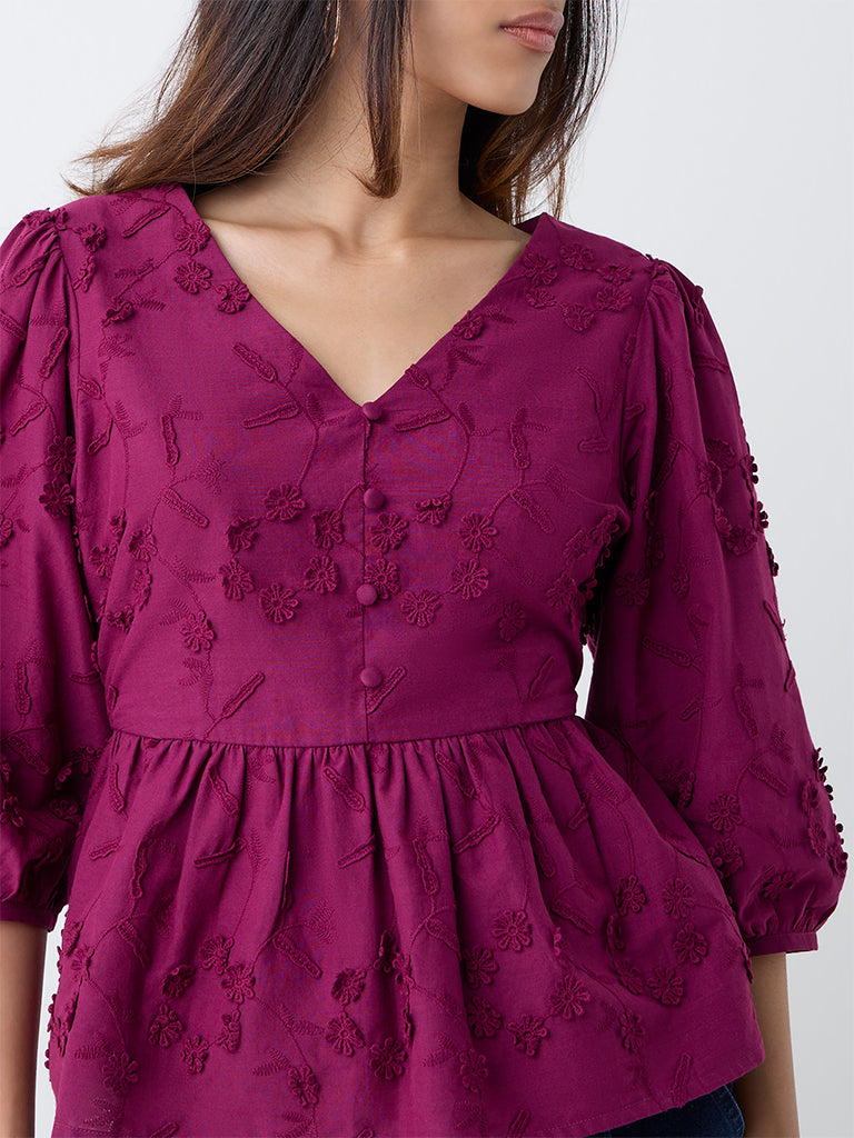 LOV Plum Floral Embroidered Cotton Peplum Top