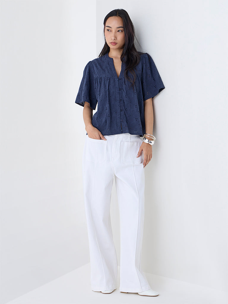 LOV Navy Schiffli Embroidered Cotton-Blend Top