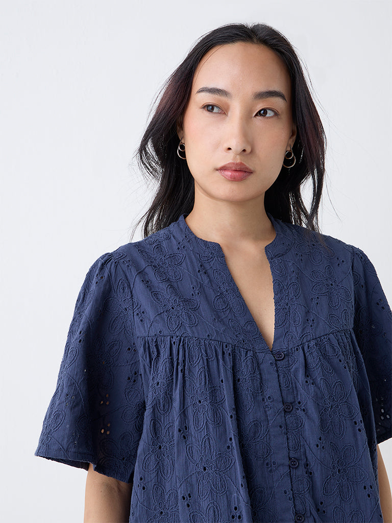 LOV Navy Schiffli Embroidered Cotton-Blend Top