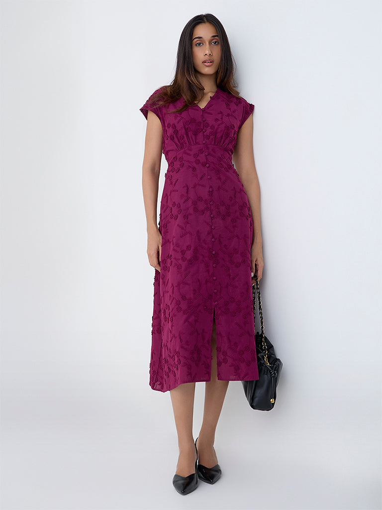 LOV Plum Floral Embroidered Cotton A-Line Dress