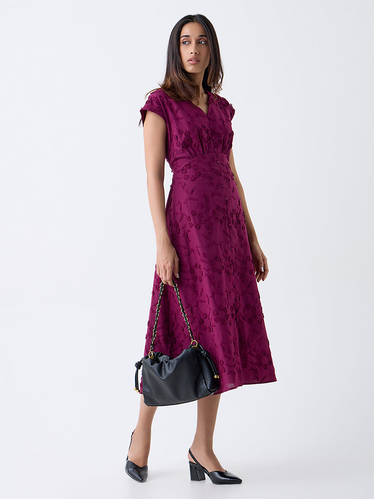 LOV Plum Floral Embroidered Cotton A-Line Dress