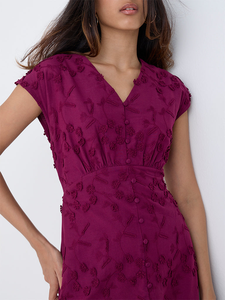 LOV Plum Floral Embroidered Cotton A-Line Dress