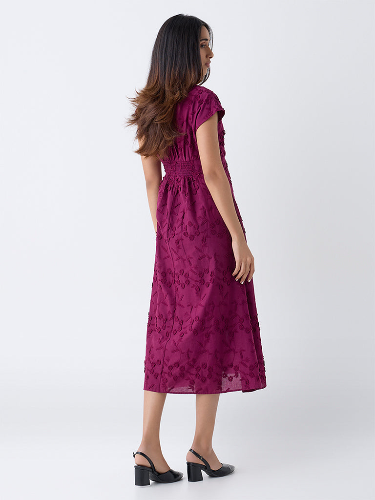 LOV Plum Floral Embroidered Cotton A-Line Dress