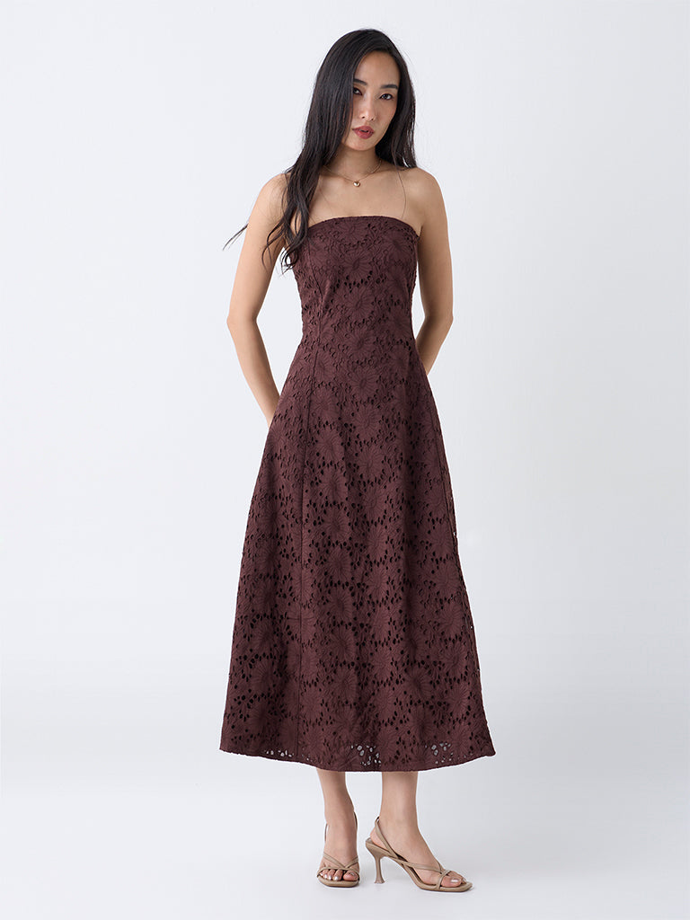 LOV Dark Brown Schiffli Design Cotton Tube A-Line Dress