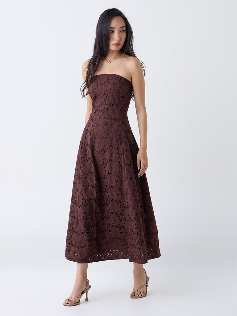 LOV Dark Brown Schiffli Design Cotton Tube A-Line Dress