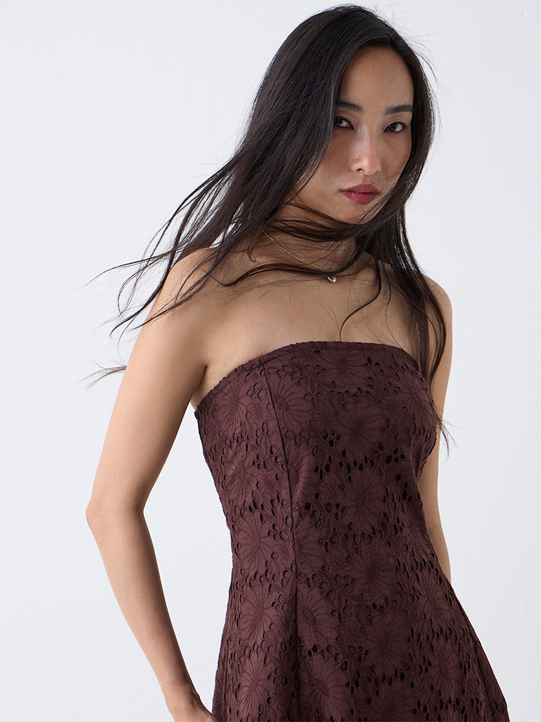 LOV Dark Brown Schiffli Design Cotton Tube A-Line Dress