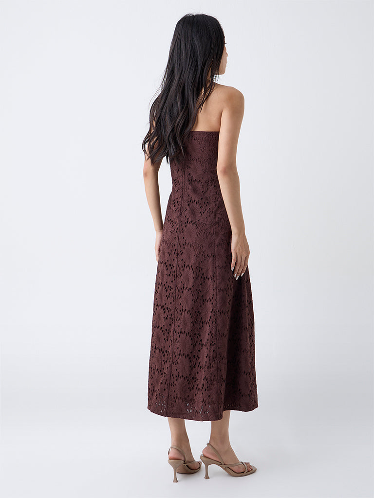 LOV Dark Brown Schiffli Design Cotton Tube A-Line Dress