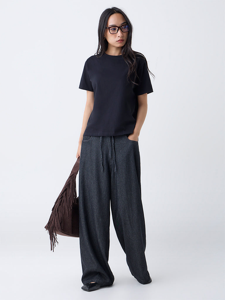 LOV Black Solid Cotton T-Shirt 