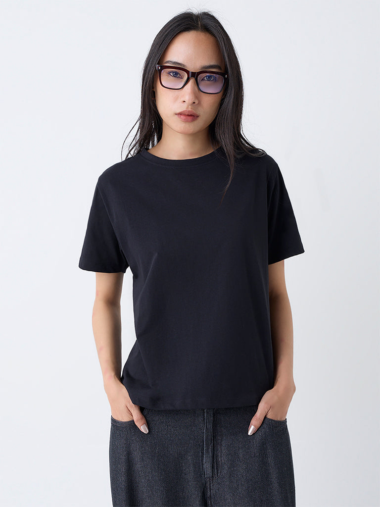 LOV Black Solid Cotton T-Shirt 