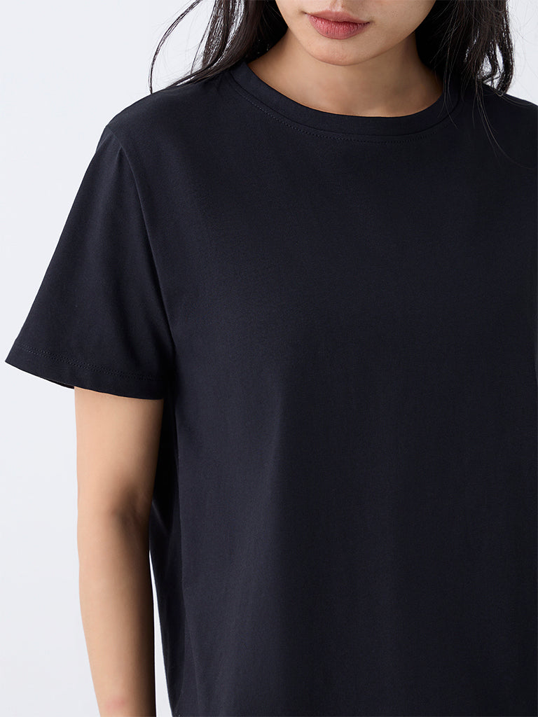 LOV Black Solid Cotton T-Shirt 