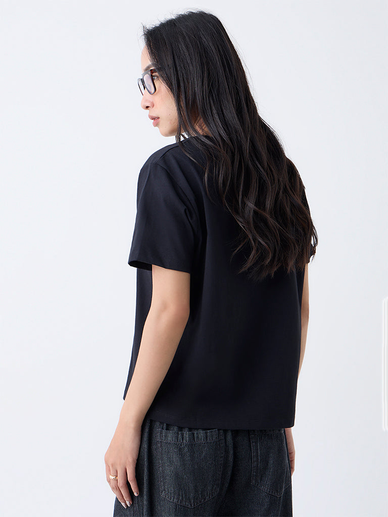 LOV Black Solid Cotton T-Shirt 