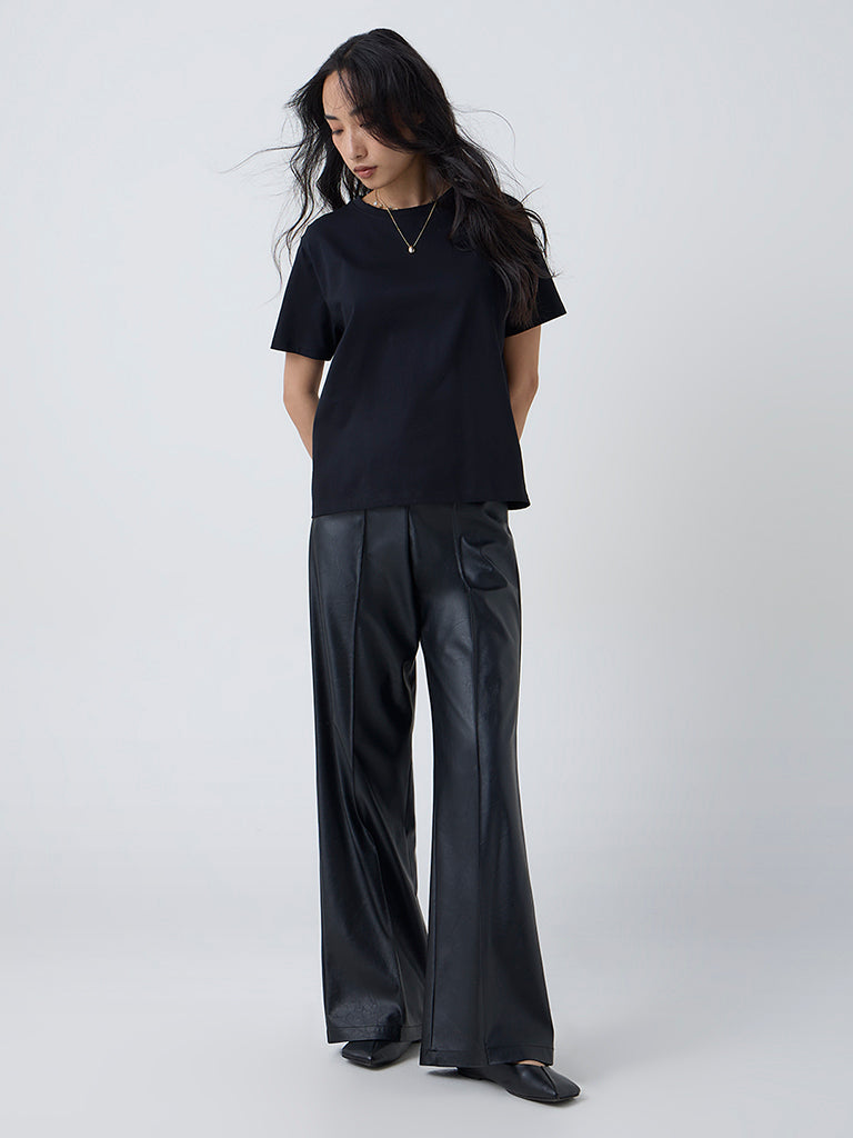 LOV Black Solid Cotton T-Shirt