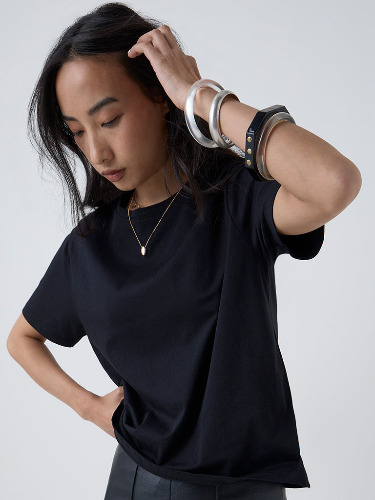 LOV Black Solid Cotton T-Shirt