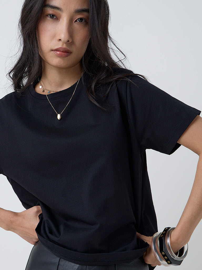 LOV Black Solid Cotton T-Shirt