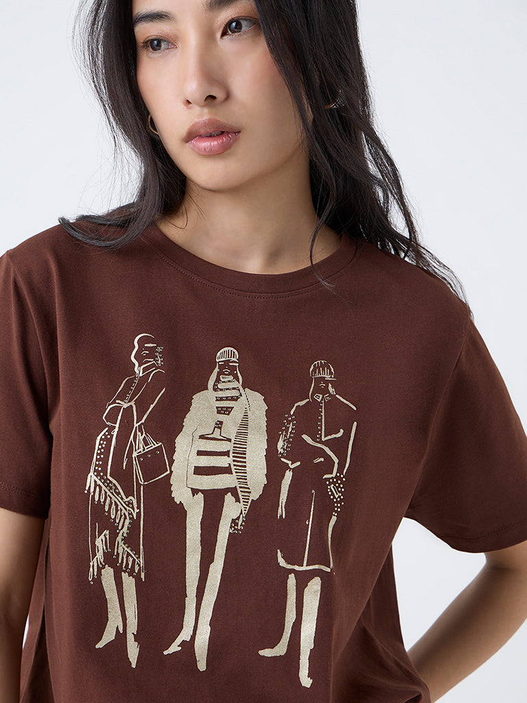 LOV Brown Printed Cotton T-Shirt
