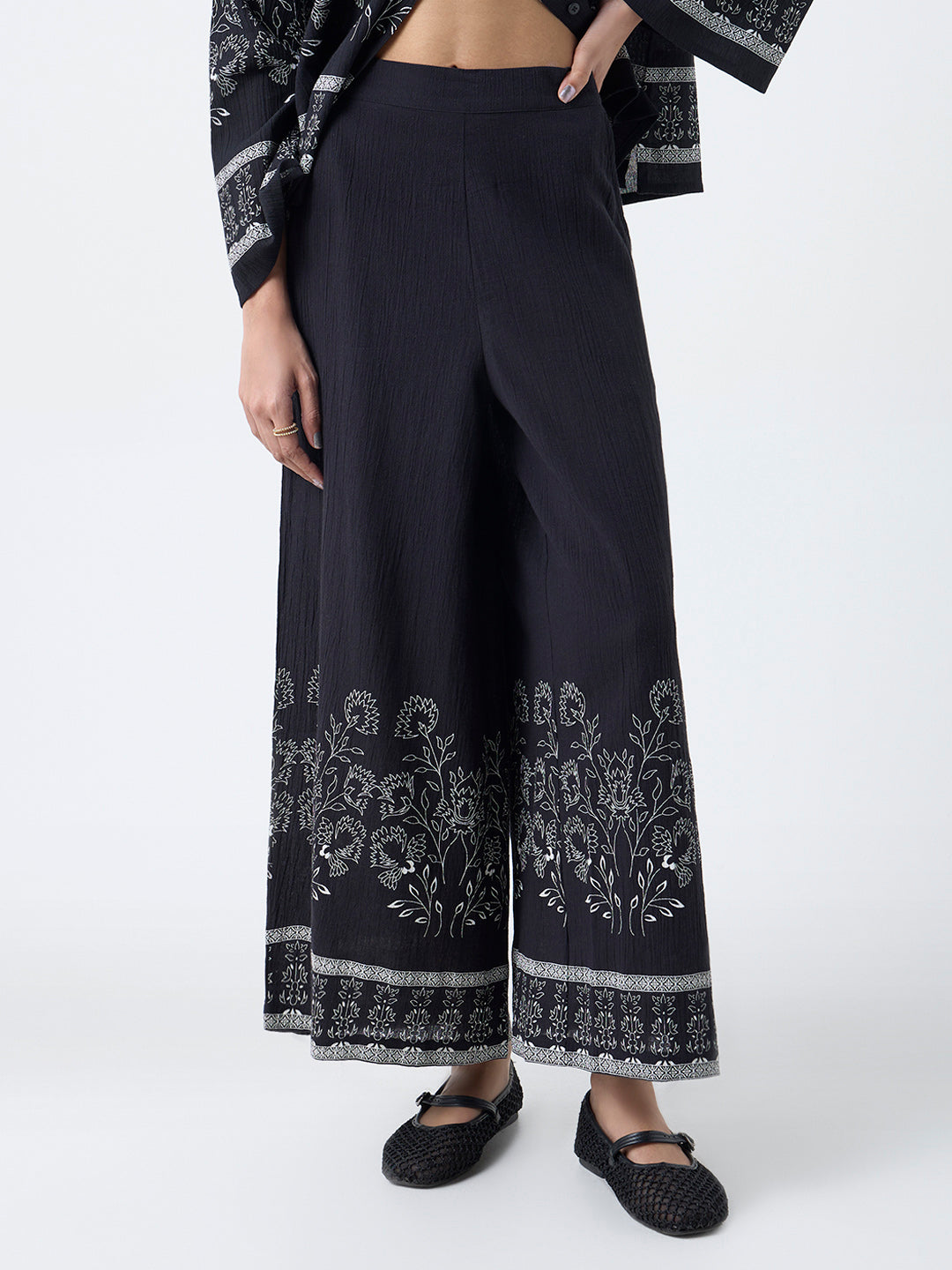 Bombay Paisley Black Floral Design Cotton Palazzos