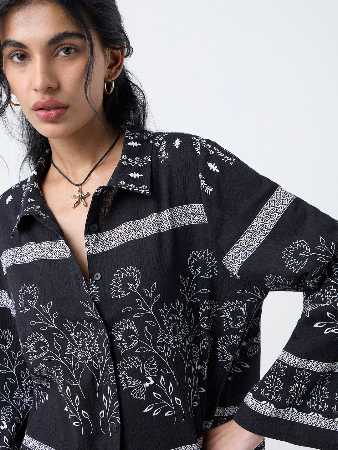 Bombay Paisley Black Floral Pattern Cotton Shirt