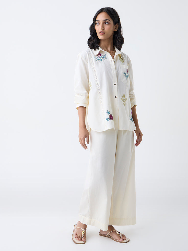 Utsa Cream Floral Embroidered Cotton Tunic