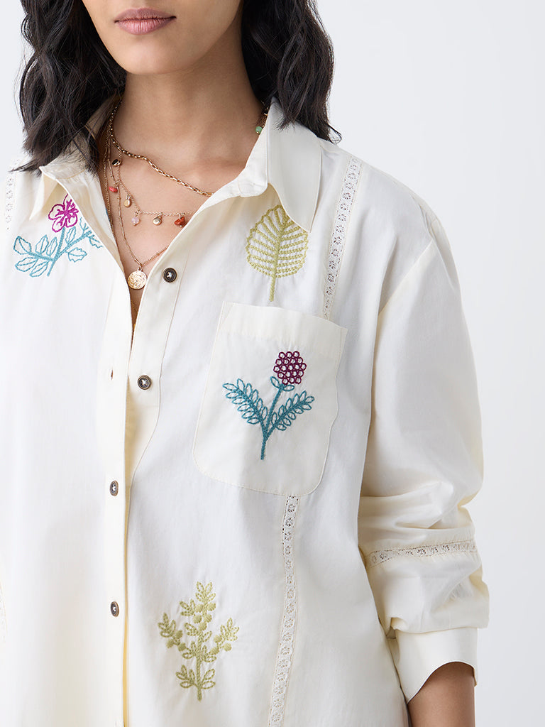 Utsa Cream Floral Embroidered Cotton Tunic