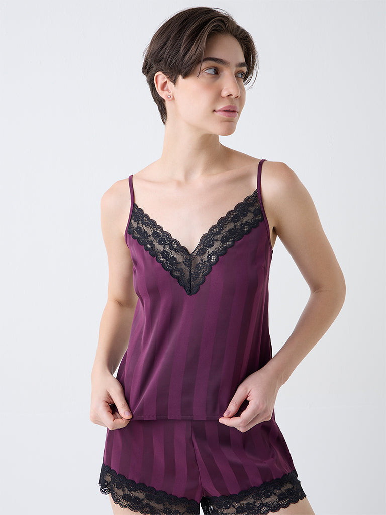 Wunderlove Wine Lace Detailed Satin Camisole