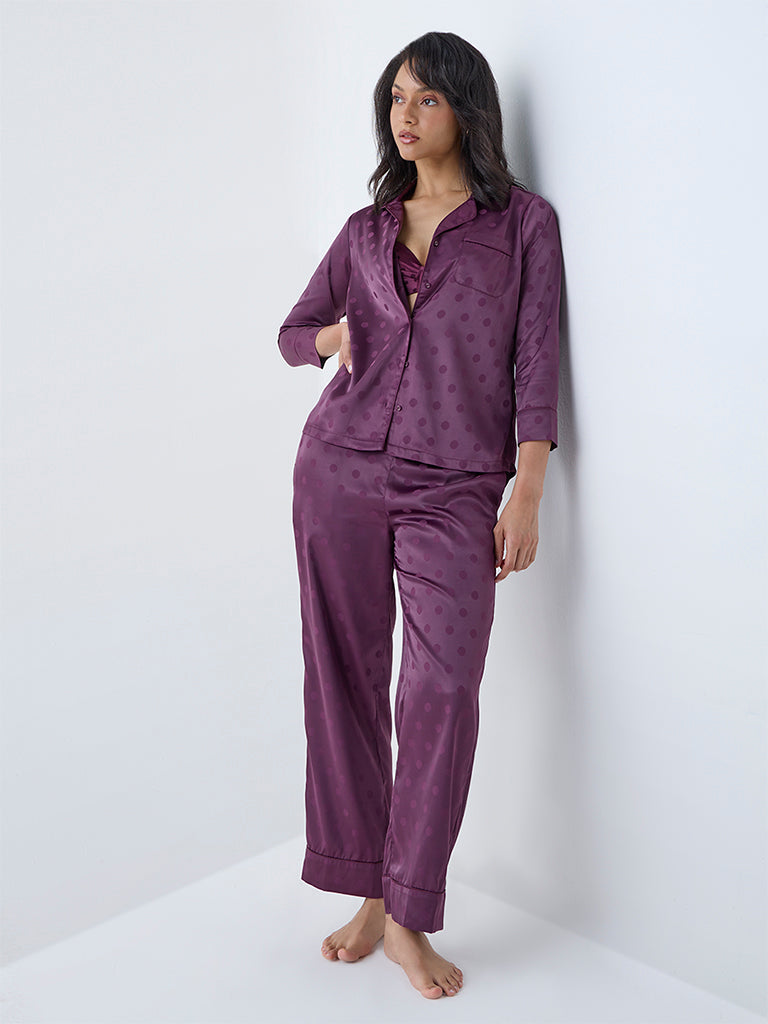 Wunderlove Plum Polka Dotted Satin Shirt with Pyjamas Set