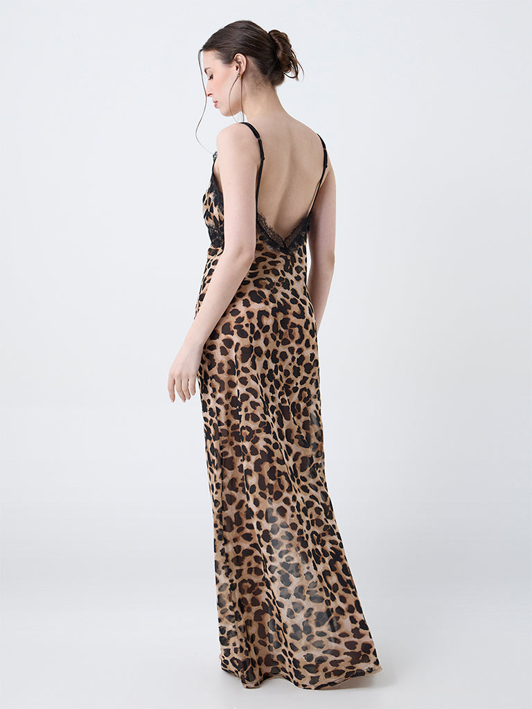 green emerald velvet dress Aliana Silk Leopard Imprint Slip Dress