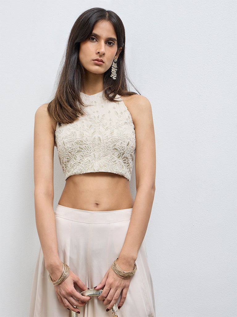 Vark Off-White Embellished Halter-Neck Top