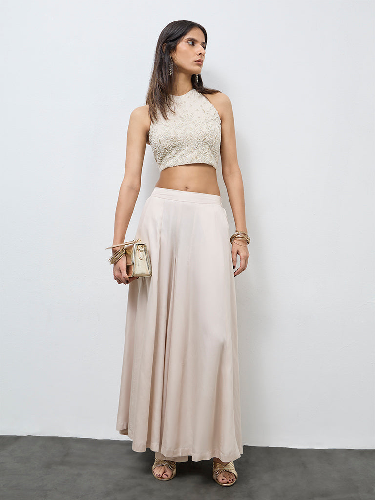 Vark Off-White Embellished Halter-Neck Top