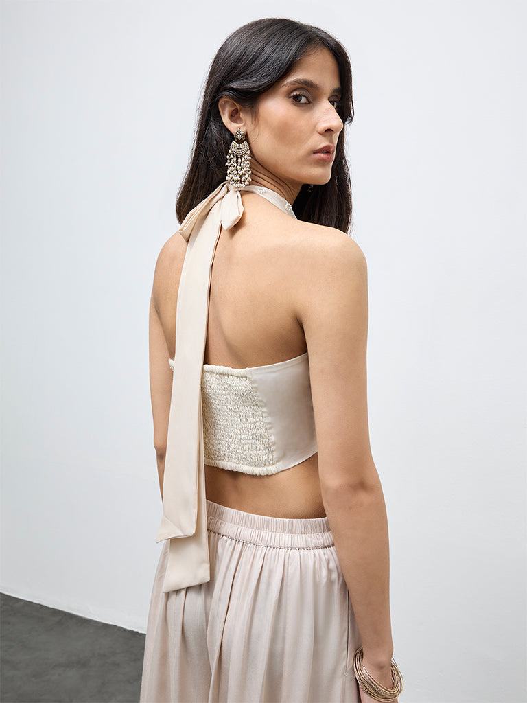 Vark Off-White Embellished Halter-Neck Top