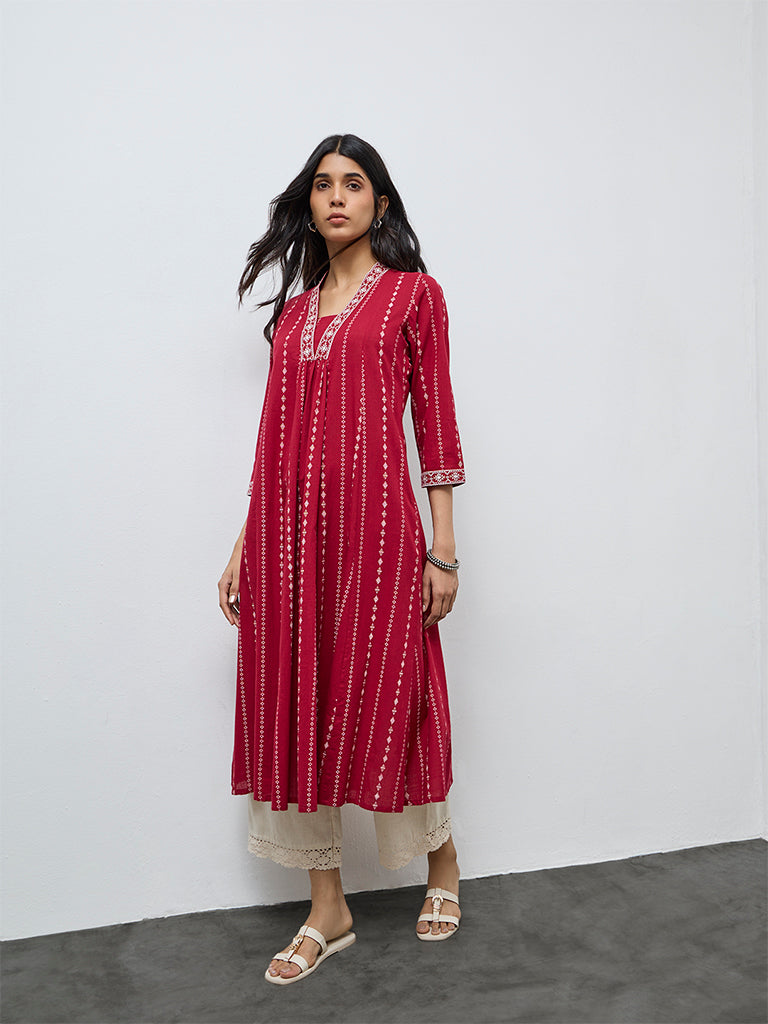 Utsa Red Printed A-Line Cotton Kurta