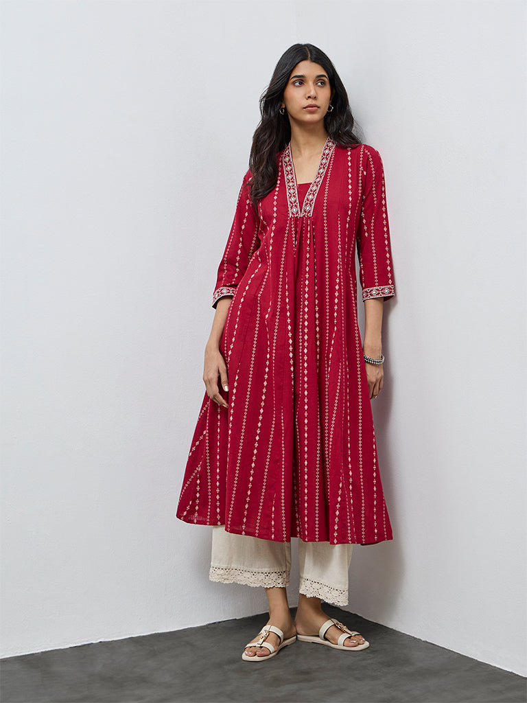 Utsa Red Printed A-Line Cotton Kurta