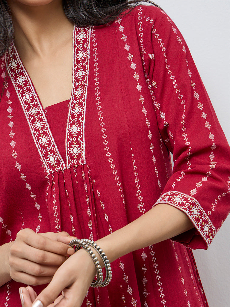 Utsa Red Printed A-Line Cotton Kurta