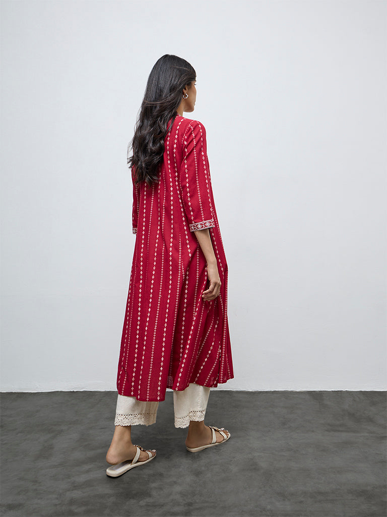 Utsa Red Printed A-Line Cotton Kurta