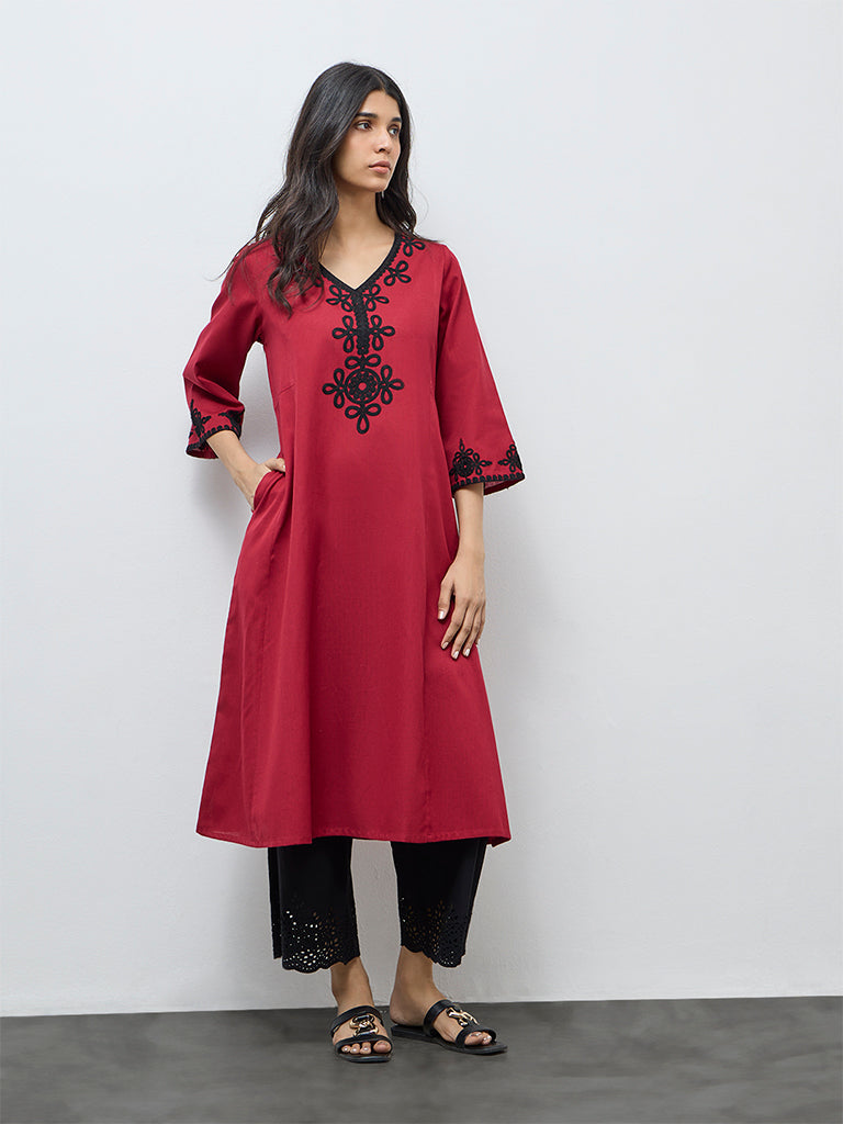 Utsa Red Embroidered Cotton-Blend A-Line Kurta
