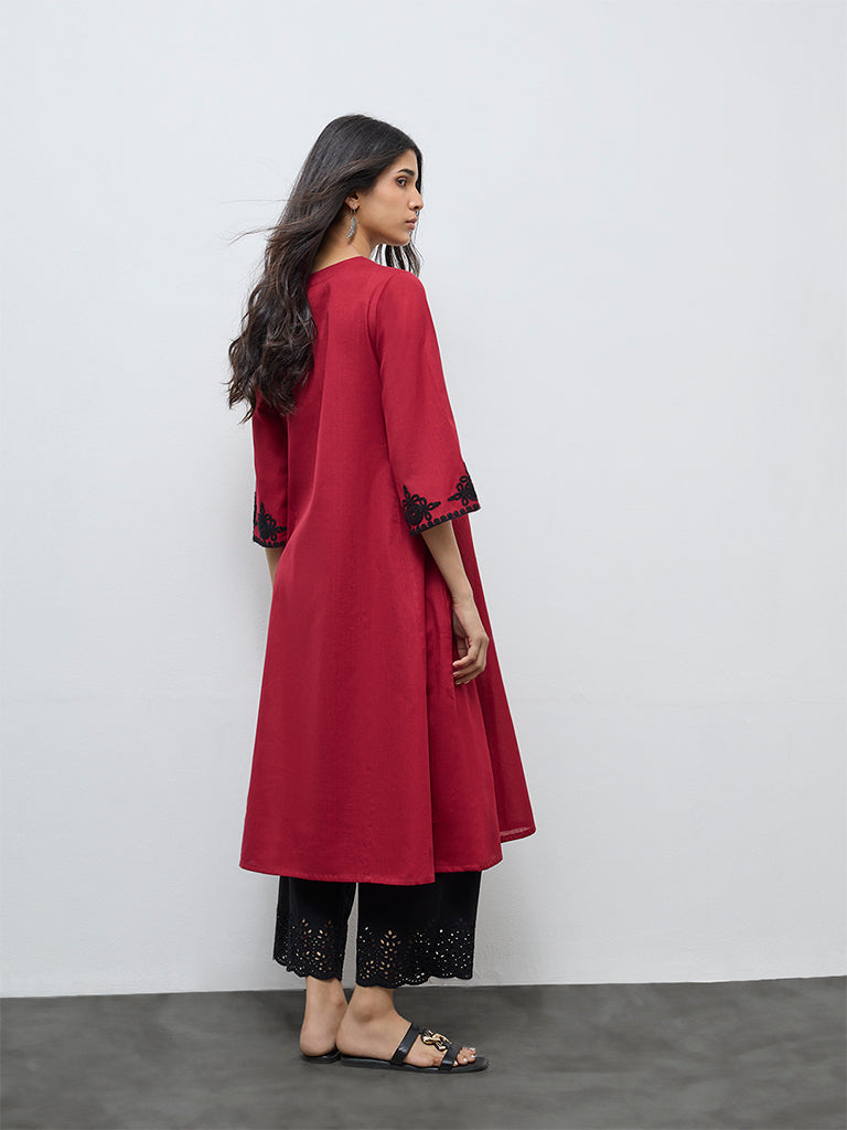 Utsa Red Embroidered Cotton-Blend A-Line Kurta