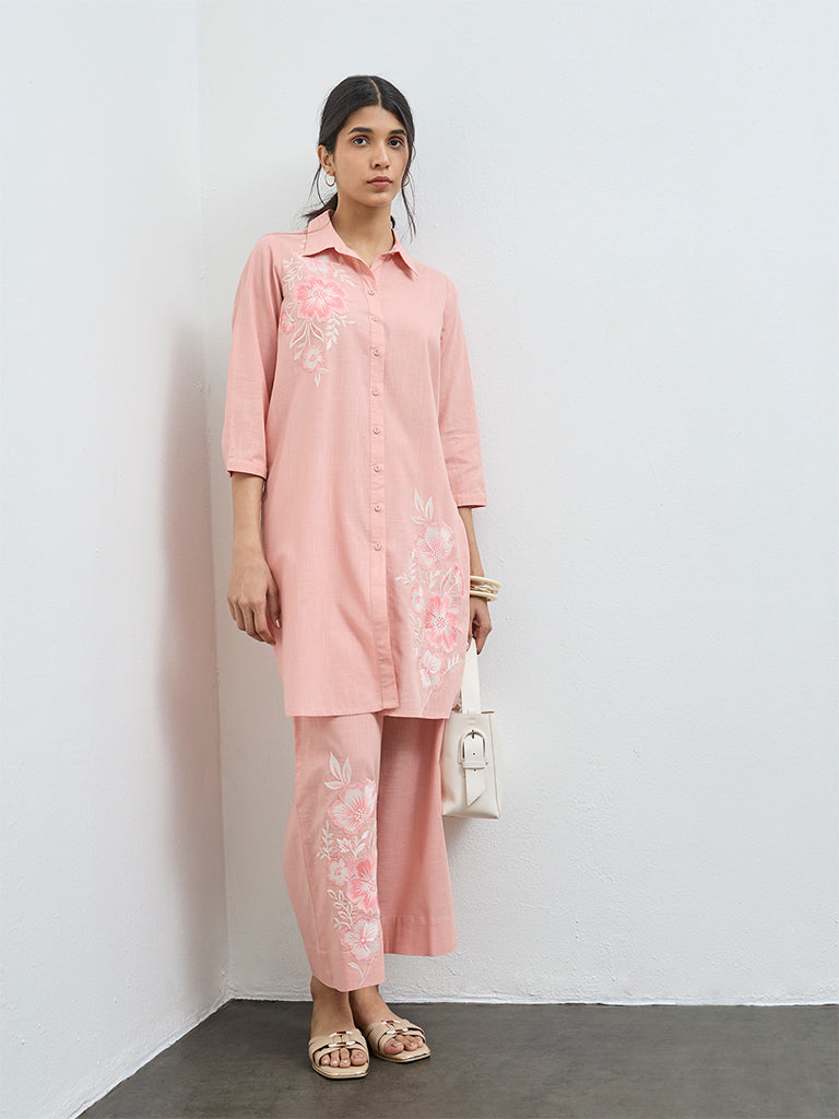 Utsa Coral Floral Embroidered Cotton Tunic