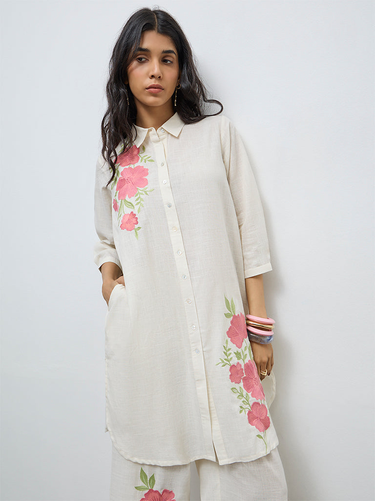 Utsa Off-White Floral Embroidered Cotton A-Line Kurta