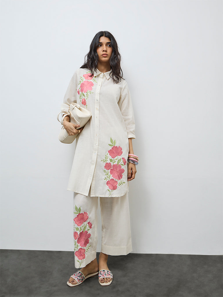 Utsa Off-White Floral Embroidered Cotton A-Line Kurta