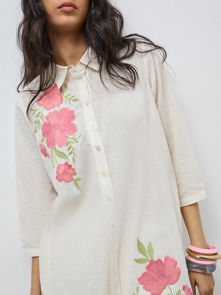Utsa Off-White Floral Embroidered Cotton A-Line Kurta