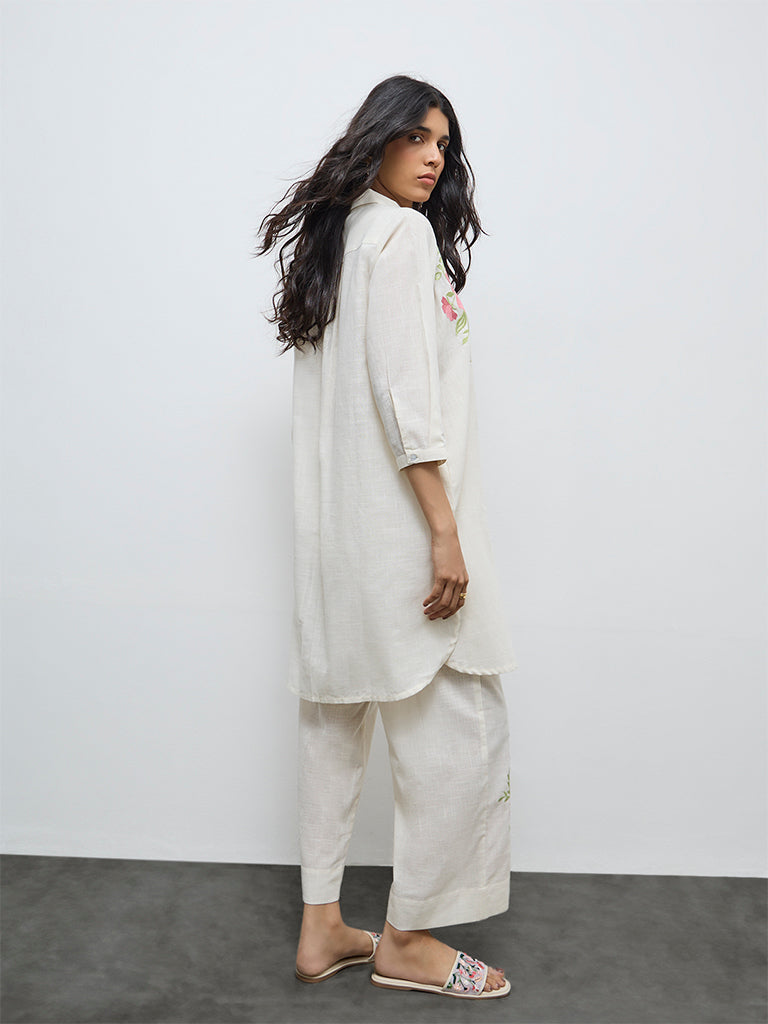 Utsa Off-White Floral Embroidered Cotton A-Line Kurta