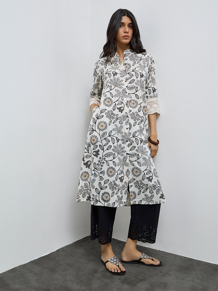 Utsa Off-White Floral Pattern Cotton-Blend A-Line Kurta